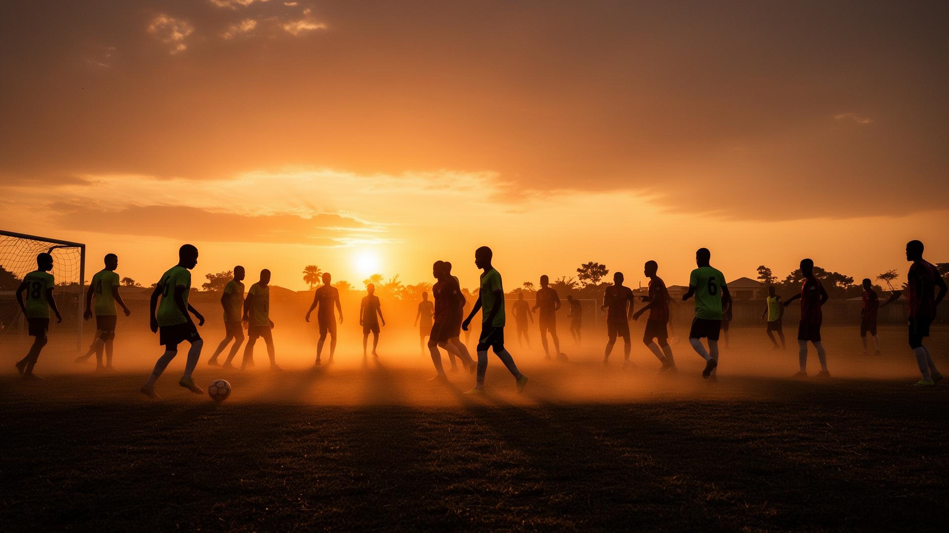 Grassroots footballers at sunset in Nigeria
